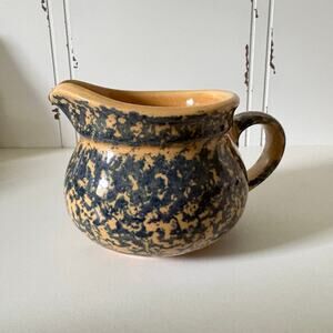 Pfaltzgraff America Gravy Boat Server Blue Sponge Paint on Yellow 6.5 x 4 in